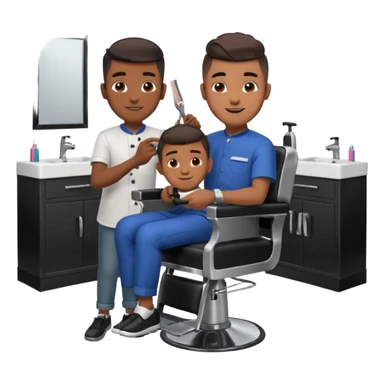Barber cutting boys hair. Show the boy sat in black barber chair and both having smiles on their faces sticker