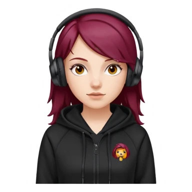 white girl with burgundy hair, black deportive hoodie and black headphones sticker