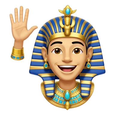 Animated sticker of a funny Ancient Egyptian Pharaoh laughing and energetically waving his hand, welcoming new members, cartoonish style, colorful with shiny gold details, expressive face, small and clear for Discord use, playful and lively motion.
 sticker