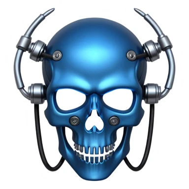 Cyberpunk shield, skull with cybernetic implants, glowing wires, dark electric blue and black tones, no background sticker