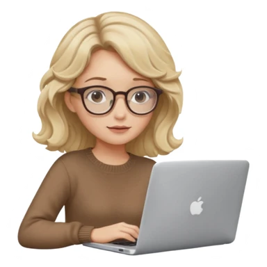 blonde girl with dark blonde wavy hair, pantos-style glasses, a brown sweater, sitting with a laptop, soft pastel colors, upper body shot sticker