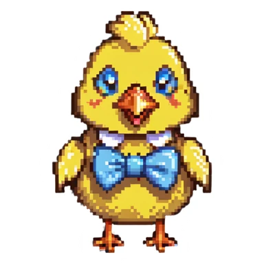A pixel art chicken with a funny face wearing a bowtie sticker
