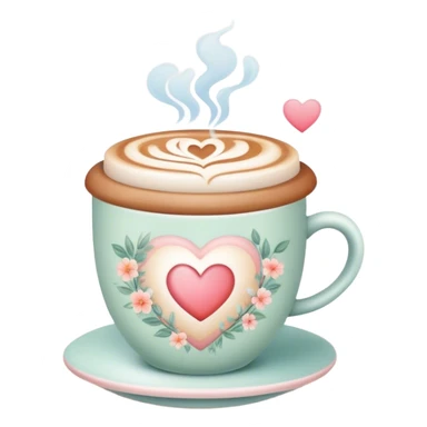 A cute coffee cup that emits warm steam, soft pastel colors, delicate floral patterns, heart-shaped - cozy and inviting! sticker
