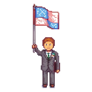 man in a suit waving a flag sticker