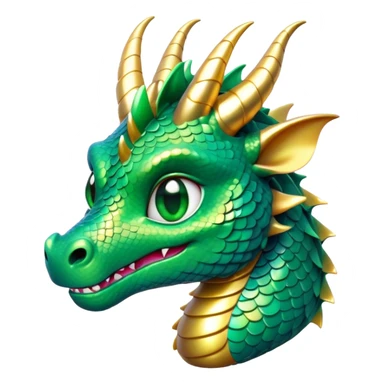 Cinematic Cute Dragon Portrait Emoji, Head tilted playfully and inquisitively, featuring a sleek, serpentine form adorned with iridescent scales that shift between emerald and gold, a delicate set of subtle horns, and round, sparkling eyes full of curious magic; rendered with realistic detail and warm natural light, high shine, affectionate and enchanting, styled with a touch of whimsical fantasy, soft glowing outline, capturing the essence of a mischievous yet lovable dragon that seems poised to slither playfully into your arms! sticker