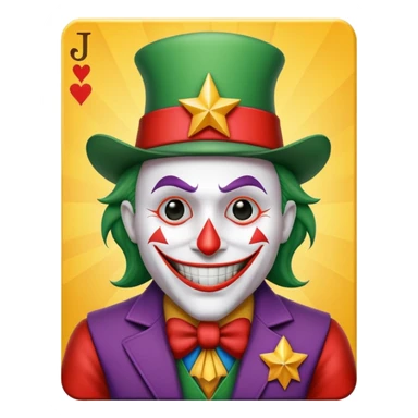 1 poker card, perfectly squared card, with crazy colorful human jolly joker inside, star symbol with a "J" sticker
