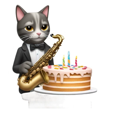 Cat playing alto saxophone with a birthday cake sticker