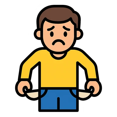 sad man with empty, turned-out pockets colored icon sticker