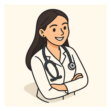 Edit the image of a female doctor with dark long straight hair and brown eyes, smiling, wearing a white medical coat in 2D isometric style with a minimalist background. Add a variation where she has a stethoscope around her neck. sticker