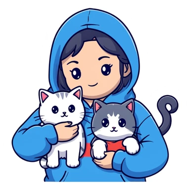 Girl with black hair wearing gray hoodie with a British shorthair blue and white cat and a long-haired blue and white cat sticker