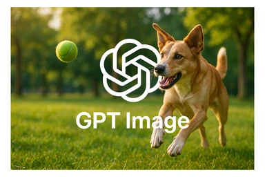 logo of chat gpt with text "GPT Image" on the background of a dog chasing ball, realistic image sticker
