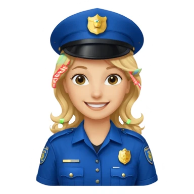 Female POLICE IN blue, long blonde curly hair, happy smile sticker