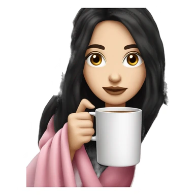 A pretty white girl with very long black hair  in a pink blanket sipping coffee sticker