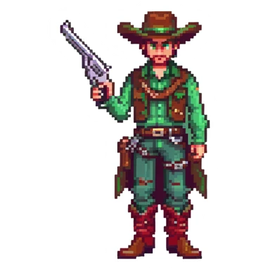 Green-clad cowboy character with revolver gun and boots sticker
