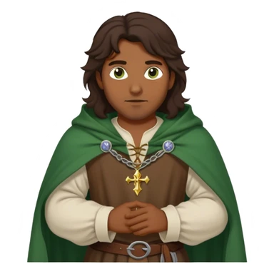 medieval outfit worn by a DnD themed fantasy character. basic linen shirt with a thick wool cloak. clothes only above the waist. The clothes full waist. The character's haven't arms. character is dark brown hair green eyes long wavy hair brown-skinned man. sticker
