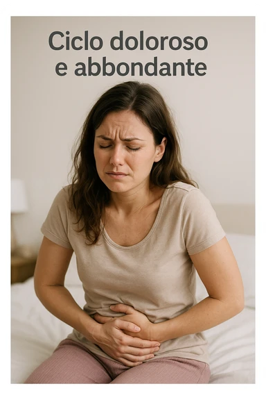 donna con ciclo doloroso e abbondante. testo in italiano. sticker