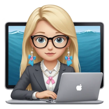 Please take the girl with laptop emoji and make her glassess light brown, her eyes ocean blue and her nose a bit smaller and pointier and she has blonde very long hair and a dark grey suit and pearls necklace, and has a laptop in fron of her and a tiny pink bow on the left side of her head sticker