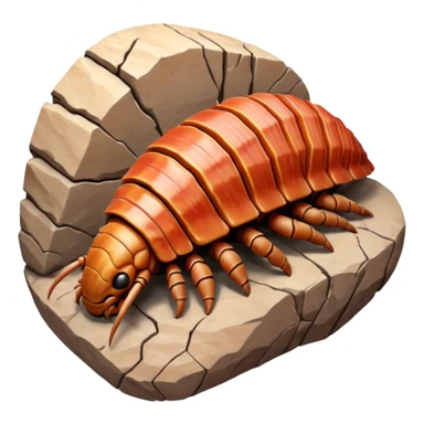 3D render of Trilobite, embedded in a chunk of rough sedimentary rock, cracked stone texture, ancient fossil aesthetic, fossilized in reddish sandstone rock, matte dry finish, Apple emoji style, isolated on white background --v 6.0 sticker