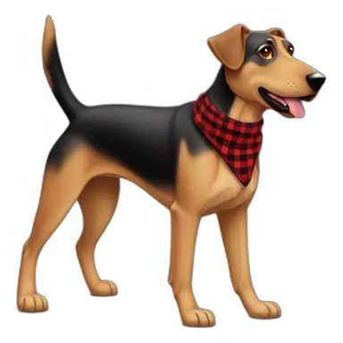 adult 75% Coonhound 25% German Shepherd mix dog with visible tail wearing small pointed red buffalo plaid bandana full body walking left quickly sticker