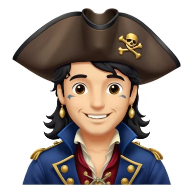 A charming man pirate with wavy black hair, wearing a decorated tricorn hat and a velvet coat, smiling confidently sticker