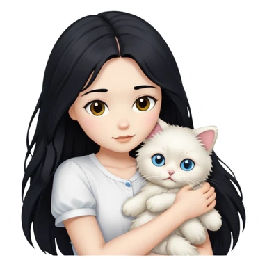 A beautiful girl with long black hair wearing a white short-sleeved shirt hugs a ragol sticker