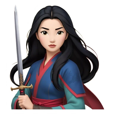 Cinematic Realistic Mulan Portrait, depicted with lifelike skin texture, soft natural lighting, and intricately detailed long black hair styled elegantly. Her deep, expressive eyes exude determination and grace, complemented by a serene yet confident expression. She stands with one hand resting on the hilt of her sword, the other by her side, exuding strength and poise. She is dressed in her classic attire, with rich fabric textures and delicate folds that catch the light beautifully. The portrait features a soft, enchanting glow with a natural, radiant finish, capturing the essence of timeless strength and beauty in a realistic and painterly style, evoking a sense of depth and authenticity. sticker