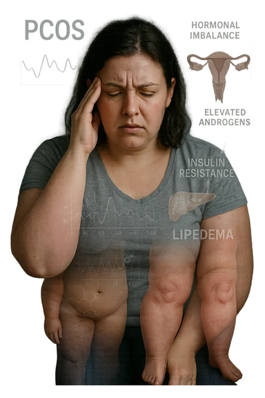 cinematic realistic in italiano Woman with PCOS struggling with hormonal chaos, transparent overlay showing elevated androgens and insulin resistance affecting her body, lipedema causing disproportionate fat accumulation in legs and arms despite normal torso, expression of frustration with unexplained weight gain, medical charts showing complex endocrine dysfunction, painful swollen limbs contrasting with metabolic confusion in italiano sticker