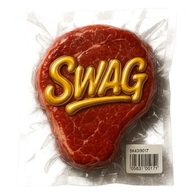 steak with gold script 'SWAG' written across, glossy and puffy, vacuum-sealed style sticker
