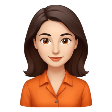 Professional woman in her 30s with light complexion, oval face, gentle features, large dark brown eyes, well-formed medium eyebrows, small nose, warm friendly smile, long slightly wavy dark brown hair, wearing a bright orange dress shirt sticker