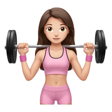 white happy brunette teen long hair with hazel eyes in light pink workout clothes holding a barbell  sticker