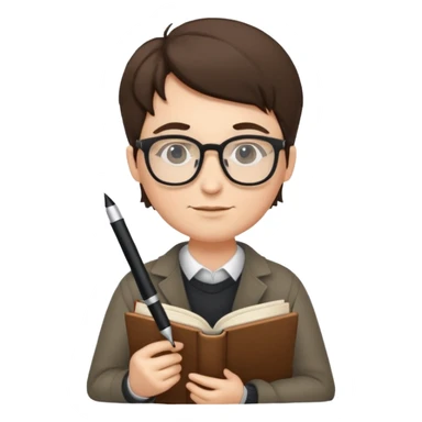writer holding pen and book, wearing glasses sticker