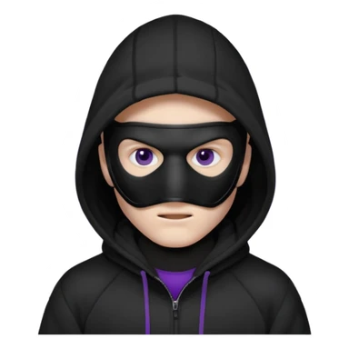 non human male cartoon character related to a shadow, with all black clothes, focusing a black hoodie, and a black hockey face mask covering his entire face, just his purple shadow eyes making a light bloom, no background sticker