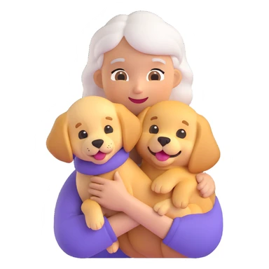 Combine the grandmother emoji with a golden retriever puppy in her arms, matching the 3D emoji style with a transparent background. sticker