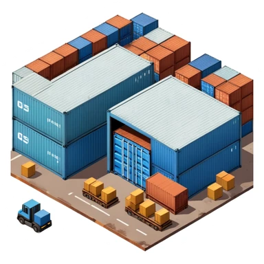 Isometric industrial warehouse with shipping containers outside and loading bay sticker