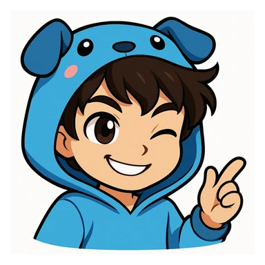 Edit the boy's face to have a flirty, winking expression, keeping the original cartoon style and quality consistent with chibi stickers style. sticker