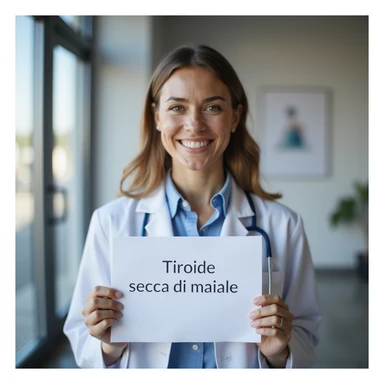 hyperrealistic 4K image of a woman showing a satisfied expression holding a recently received medical prescription with the text 'Tiroide secca di maiale', clinical environment, natural light sticker