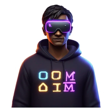 Harry Potter wearing a black hoodie with "OMG" letters on it and VR headset oculus quest 2 in a cyberpunk VR environment with violet neon lighting. sticker