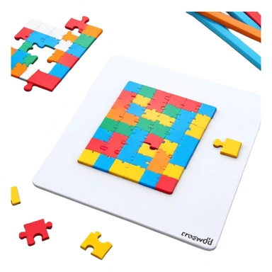A colorful puzzle piece, a crossword magazine, a 3D puzzle, and a partially completed puzzle picture on a table. Bright colors, minimalist design, modern style. Transparent background, suitable for puzzles and brain games. sticker