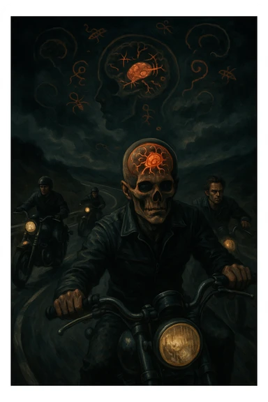 Gruppo di motociclisti su strada, volti impassibili o con espressioni rischiose e prive di paura, mentre affrontano curve pericolose. Atmosfera surreale, con ombre o simboli astratti che rappresentano la toxoplasmosi (come parassiti invisibili nel cervello). Effetti visivi sul cranio o sulla testa che mostrano come l’infezione alteri il senso del pericolo. Scene dinamiche ma inquietanti, cielo scuro e simbolismo neurologico. sticker