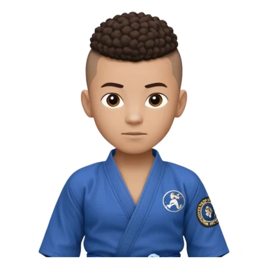 Mixed race boy BJJ instructor with pony tail afro hair and shaved bald sides haircut, Make the hair brown and the belt blue. Add the roger Gracie academy logo on the go also and the p logo of progress jiu jitsu on the right arm sleeve  at the top sticker