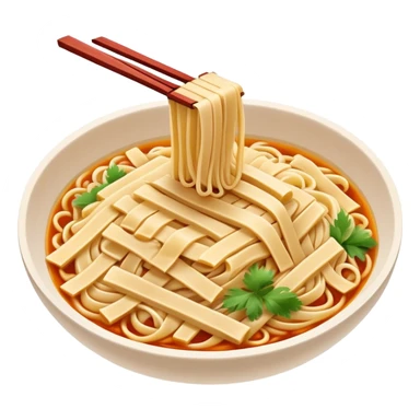 Shanxi knife-cut noodles with irregular thick strips, simplified emoji style with bold outlines and bright colors, cartoon style traditional Dao Xiao Mian sticker