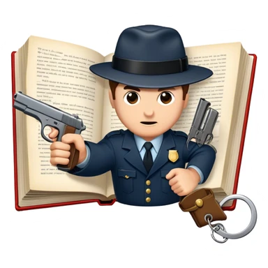 Icon for Action & Crime Reading: an open book with action-packed scenes, featuring a gun, handcuffs, a detective's badge. The icon should capture the tension and excitement of crime and action stories. Transparent background. sticker