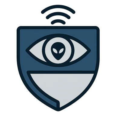 intelligence agency-style logo for extraterrestrial intelligence search, with a shield shape, stylized eye, radio waves, and subtle alien motif, in dark blue and silver sticker