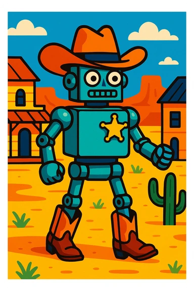 robot sheriff with metallic body, wearing a star badge and cowboy boots, in a western setting, vibrant colors sticker