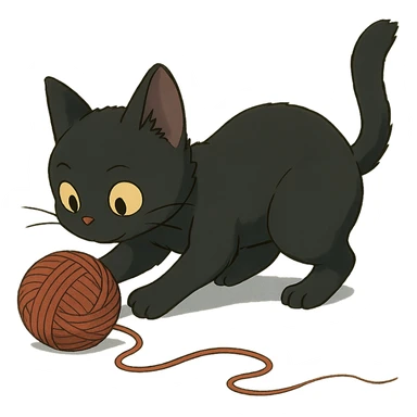 a young black cat playing with a ball of yarn, ghibli style sticker
