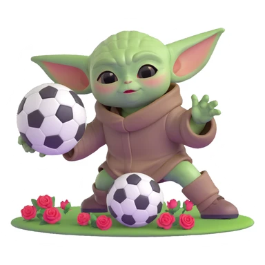 baby Yoda kicking a soccer ball with small roses beside him sticker
