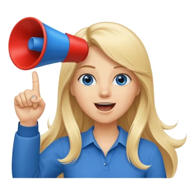  blue eyes blonde girl yelling into megaphone with right hand smiling long hair holding up left first finger sticker