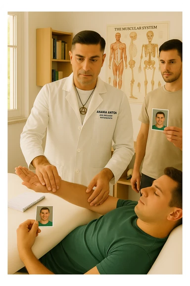 a middle-aged man, dressed in casual professional attire, is in a bright, organized therapy studio. Durante una visita di kinesiologia, il ragazzo tiene con una mano la foto di una persona lontana (il “testimone”) tiene la foto in mano, mentre con l’altra mano esegue un test muscolare su un cliente presente senza foto lui non tiene la foto. Sullo sfondo si vedono libri di kinesiologia, poster anatomici e strumenti tipici della disciplina. L’atmosfera è concentrata e serena, con luce naturale che entra dalla finestra, sottolineando l’aspetto alternativo e umano della pratica. sticker