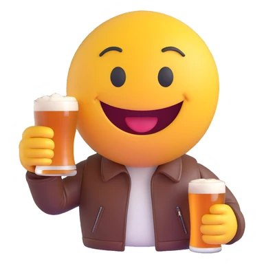 3D smiley emoji, round shape, motorcyclist with beer: holding beer mug, leather jacket, funny face sticker