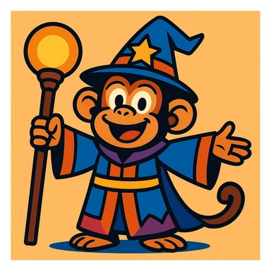 cartoon style wizard monkey with magical staff, smiling, colorful robe sticker